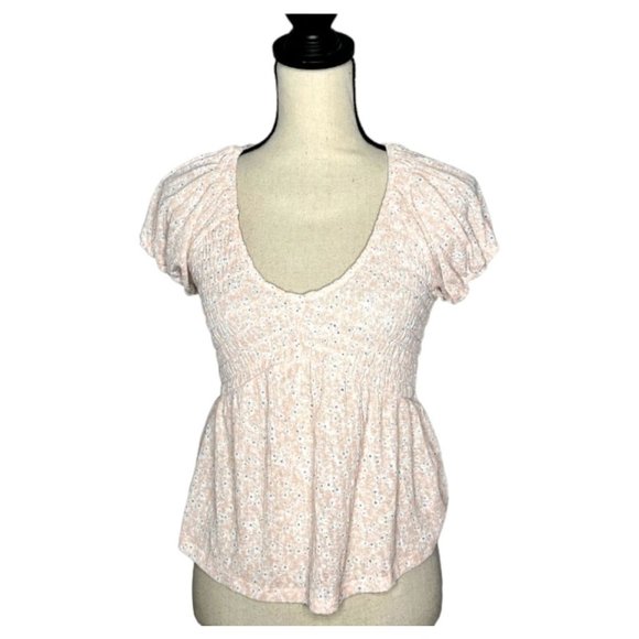 Evolutionary Pink Scoop Neck Short Puff Sleeve Smocked Bodice Babydoll Top Sz S - Picture 7 of 7